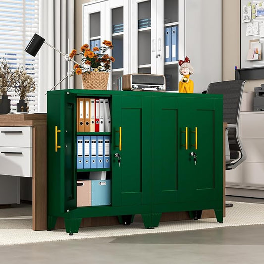pozdeg 35.43" Lockable Metal Storage Cabinet, Steel Locker File Cabinet with 2 Doors & 2 Adjustable Shelves, Multi-Purpose Organizer for Home, Office File Storage & Garage Locker (Green)
