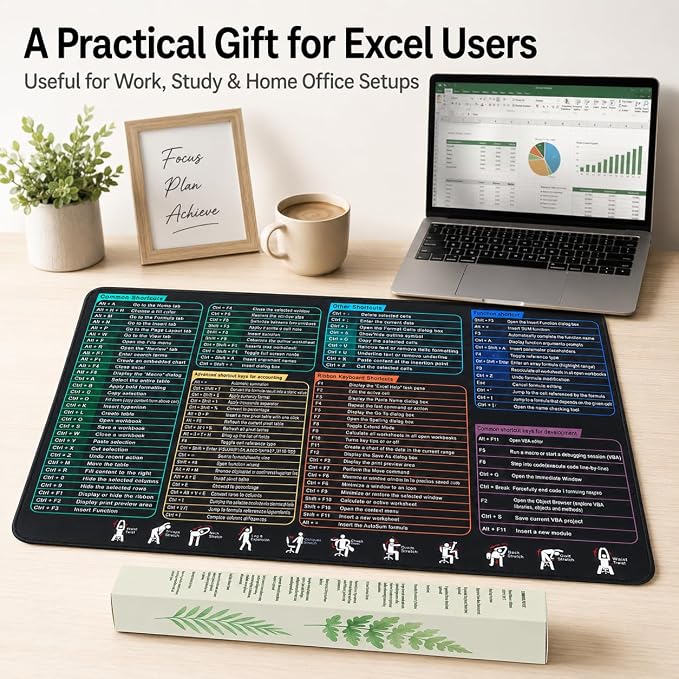 Excel Cheat Sheet Desk Pad, Large Mouse Pad with Shortcuts & Formulas for Windows PC, Non-Slip Stitched Office Keyboard Mat, Carbon Black, 35.5 x 15.8 in,3mm Thick