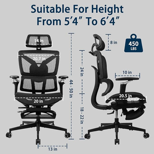 Ergonomic Office Chair with Footrest, 5D Adjustable Armrests, Lumbar Support, Big and Tall Mesh Reclining Swivel Chair for Home Office or Gaming, Adjustable Seat Depth, S3 Elite Pro