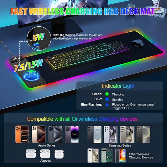 RGB Mouse Pad with Foldable Phone Stand Wireless Charger, 31.5"x11.8" XL Gaming Mousepad Large Desk Mat, Desk Pad with 11 Colors 5 Modes, Waterproof