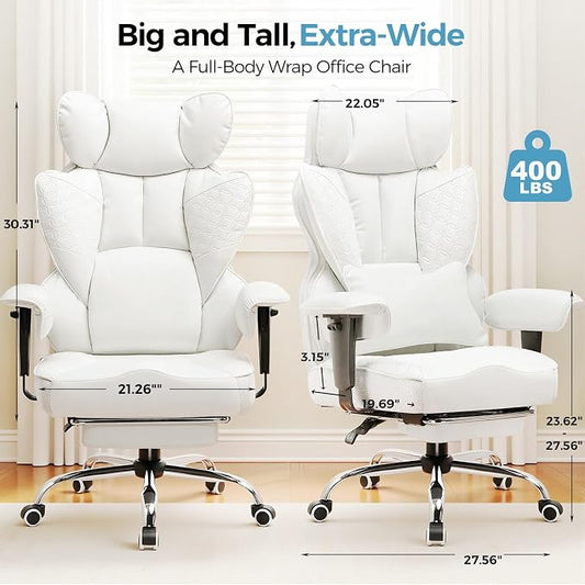 COMHOMA Desk Office Chair Big and Tall Office Chairs Ergonomic Gaming Chairs with Wide Seat Leather High Back Chair with Foot Rest Adjustable Armrests Pocket Spring Lumbar Support