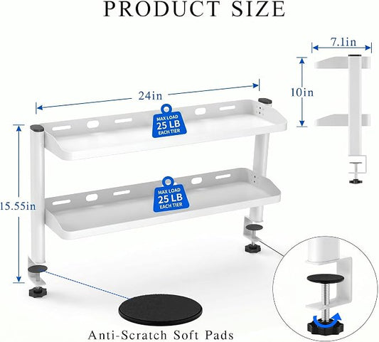Clamp on Desk Shelf White, 24in 2-Tier Office Desk Shelves Organizer, Shelf for Top of Desk with Headphone Holder and Hooks, Desktop Storage Rack for Home Workspace, Study Rooms, Gaming Accessories