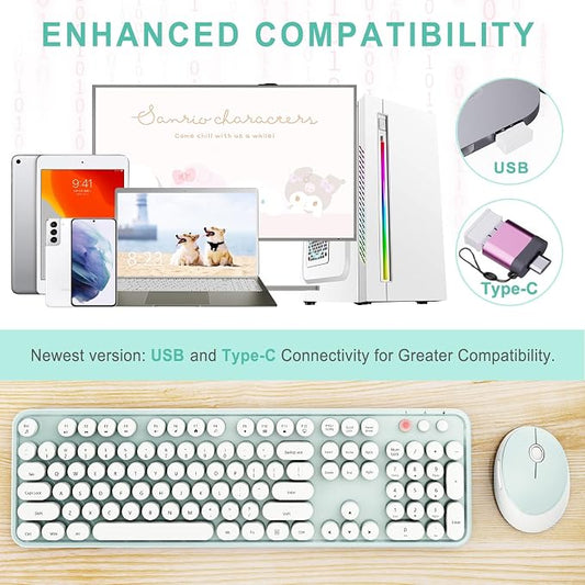 Wireless Keyboard and Mouse Combo, Ergonomic Full Size Typewriter Retro Round Keycaps Keyboard, Compatible with Windows, PC, Perfer for Home and Office Keyboards(Green)