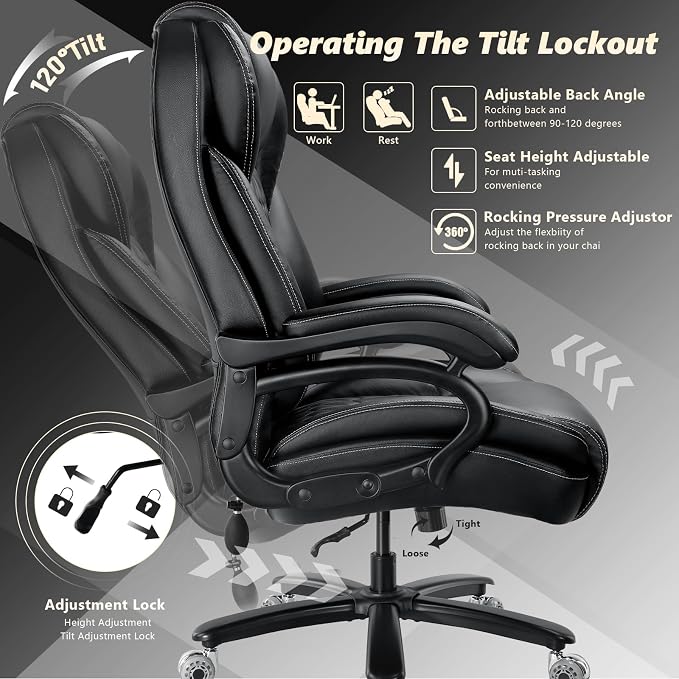 600lbs Big and Tall Office Chair with Pocket Spring Cushion, Ergonomic Heavy Duty Executive Office Desk Chair with Adjustable Lumbar Support, Large Comfy Computer Chair with Dual Rubber Wheel