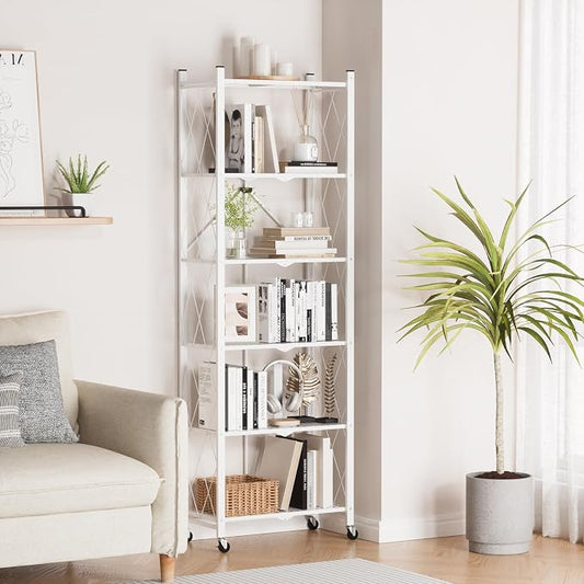 ALANNG 73.6 Inch Folding Bookshelf, 6 Tier Metal Bookcase and Bookshelves, Tall Shelves for Living Room Office Bedroom, Heavy Duty Book Shelve Free Standing Open (White, 2PACK)