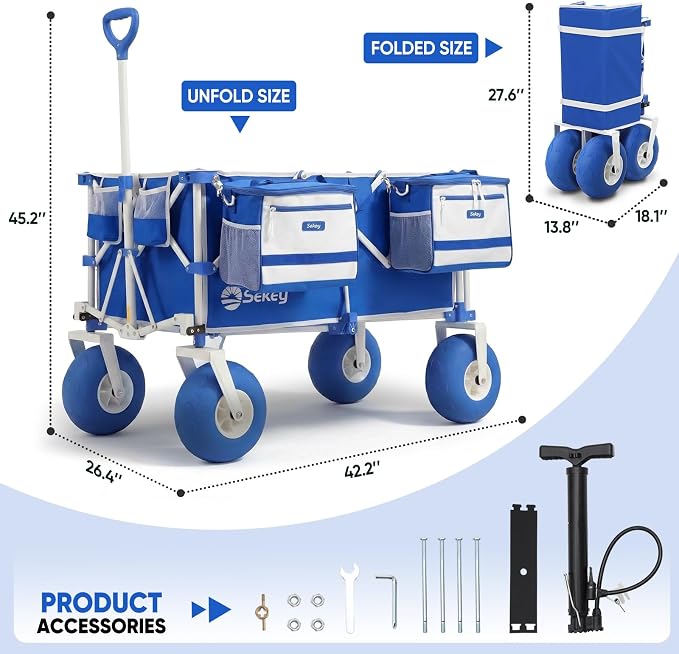 Sekey Heavy Duty Beach Wagon with 9" Big Sand-Proof Wheels, 300L Oversized Foldable Beach Cart with Cooler| Adjustable Handle & Balloon Tires for Sand, Camping,Vacation