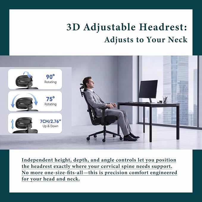 Ergonomic Office Chair with Breathable Mesh Back & Thick Cushion Seat, 4D Armrests, 3D Headrest, Adjustable Lumbar Support & Seat Depth, High Back Desk Chair with Tilt Lock (Black)