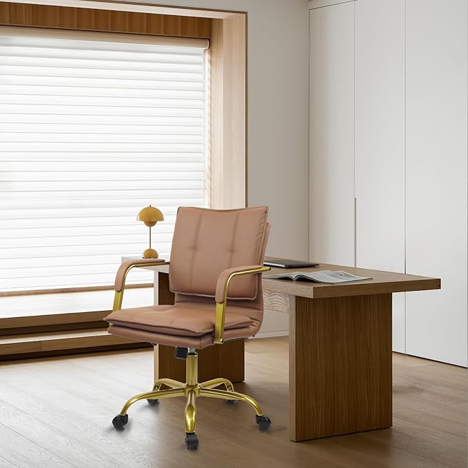 CLATINA Leather Home Office Desk Chairs, Swivel Mid-Back Computer Chair with Golden Legs and Arms, Comfy Upholstered Task Chair with Wheels, Brown