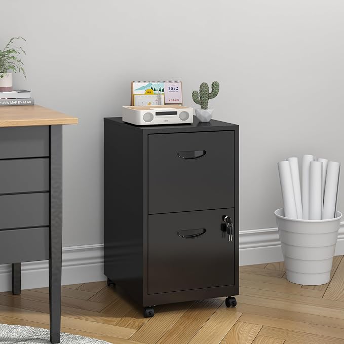 UNICOLY 2 Drawer File Cabinet with Lock, Filing Cabinets with Wheels, Rolling File Cabinets for Home Office, Metal Office File Cabinet, for Holding Letters and File Boxes, Assembly Required, Black