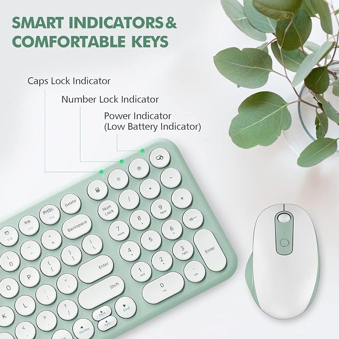 Wireless Keyboard and Mouse Combo,XTREMTEC 2.4GHz Quiet Slim Cute Round Keycap Compact Size Green Kawaii Cordless Retro Keyboard and Mouse Set Home Office Accessories for Mac/Windows(Macaron Green A)