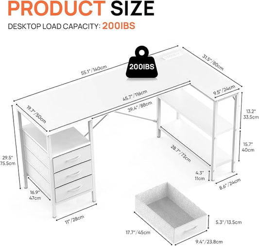 Alpen L Shaped Gaming Desk with Power Outlets, 55 Inch Computer Desk with 3 Drawers and Shelves, Corner Desk for Gaming, Study Writing PC Table with Storage and Reversible Shelf, White