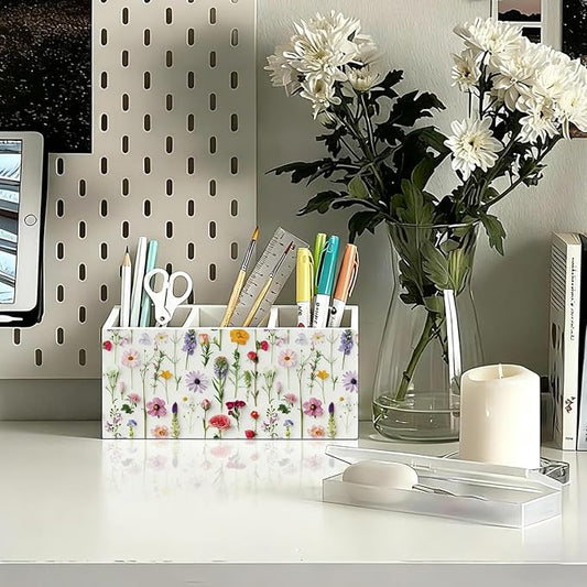 Floral Pen Pencil Holder for Desk Accessories, Cottagecore Colorful Wildflower Botanical Wooden Box Sign Decorations for Girls Room Bedroom Dorm Home Office Desk Tabletop