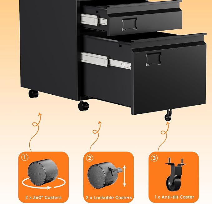 METAN Metal 3 Drawer Mobile File Cabinet with Lock, Under Desk Metal Filing Cabinet for Legal/Letter File, Need Assembley, Black