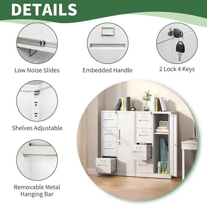 File Cabinet 4 Drawer, Vertical File Cabinet with Lock and 1 Door, File Cabinet with Storage Shelves for A4 Legal/Letter, Assembly Required (White)