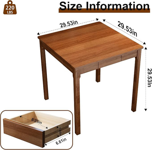Solid Wooden Desk with Drawers - 29.5” Square Dining Table for 2-4 People, Rubberwood Mid Century Modern Desks, Small Writing Desk for Small Spaces|Bedroom|Kitchen|Apartment - Walnut Desks