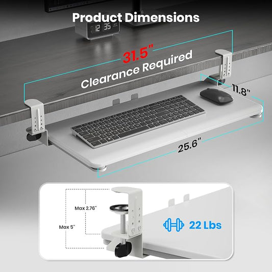 Keyboard Tray Under Desk, Pull Out Keyboard & Mouse Tray with Adjustable C-clamp, 25.6(31.5 Including Clamps) x 11.8 Inch Slide Out Computer Keyboard Drawer Mouse Tray for Typing,White