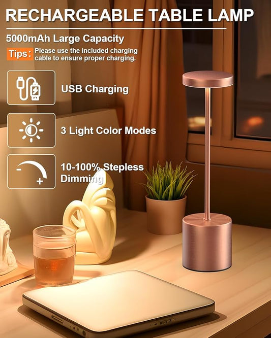 Swinerton Cordless Table Lamps Rechargeable, Portable LED Desk Lamp, 5000mAh Battery Powered Wireless Table Light - 3 Color Dimmable Lighting for Restaurant Dining Patio Outdoor Bedroom(Rose Gold)