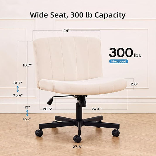 amseatec Criss Cross Chair, Wide Cross Legged Desk Chair with Wheels, Comfy Fabric Vanity Chair for Home Office, Adjustable Armless Swivel Task Chair with 90–115°Tilt(300Lbs/Beige)