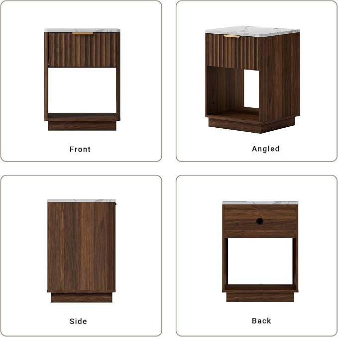 Fluted Nightstand, Night Stand Set 2, Walnut Nightstands Set of 2 with Charging Station and Faux Marble Top, Modern End Table with Drawer & Open Shelf, Bedside Table for Bedroom Living Room