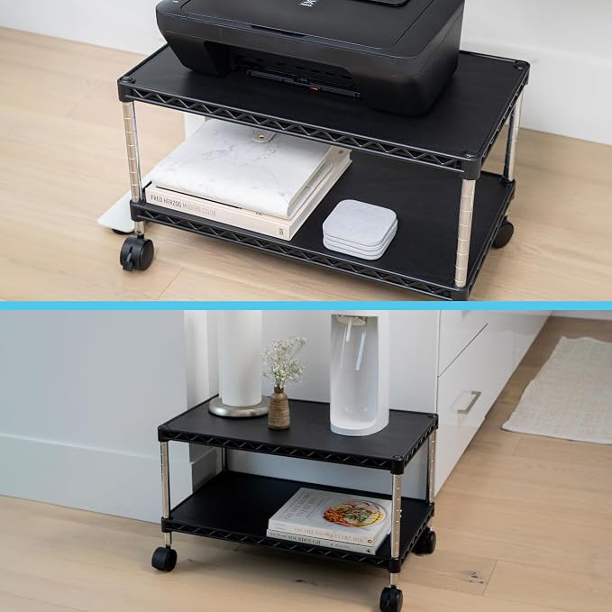 Under Desk Printer Stand with Storage 24" X 14", Printer Cart, Small Printer Stand with Wheels, Small Printer Table for Home Office, Heavy Duty Low Rolling Cart, (Regular, Black)