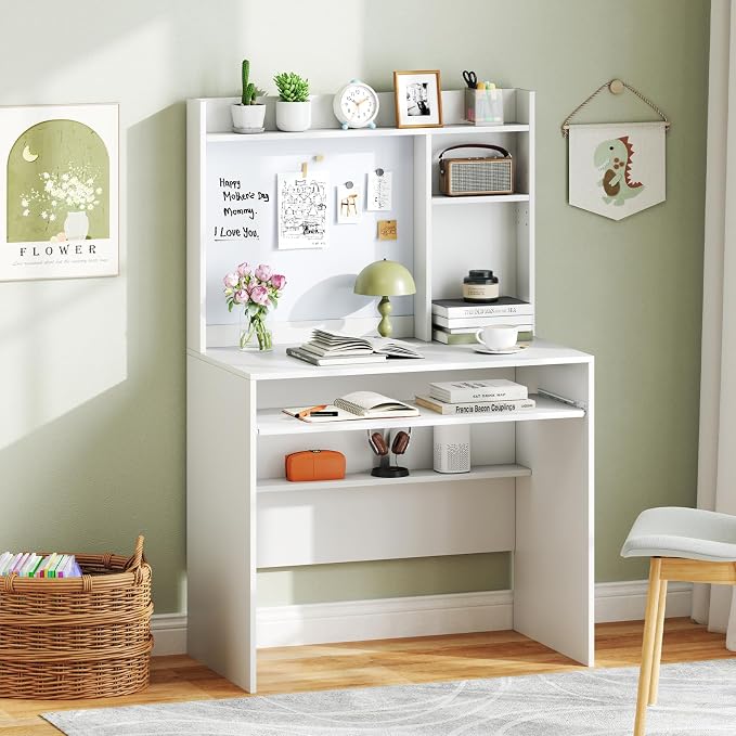 Giantex White Desk with Hutch, Small Computer Workstation with Bookshelf, Magnetic Whiteboard, PC Laptop Desk with Keyboard Tray & Cable Hole, Writing Desk for Small Spaces, Bedroom, Home Office