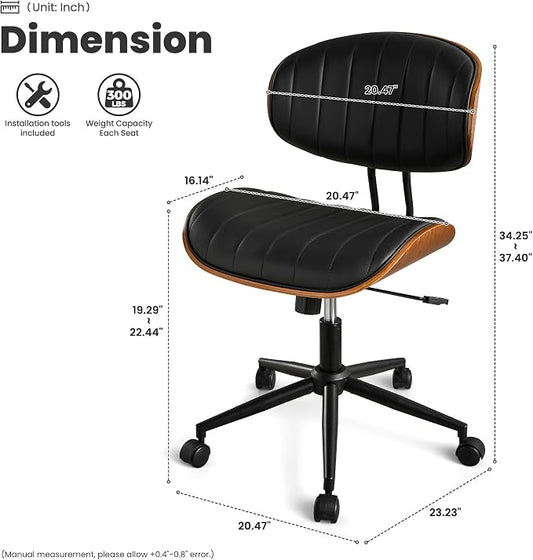 ovios Home Office Chair with Wheels, Modern PU Leather Swivel Computer Desk Chair, Mid Back Adjustable Height Armless Walnut Chairs for Office (Black Stripes)