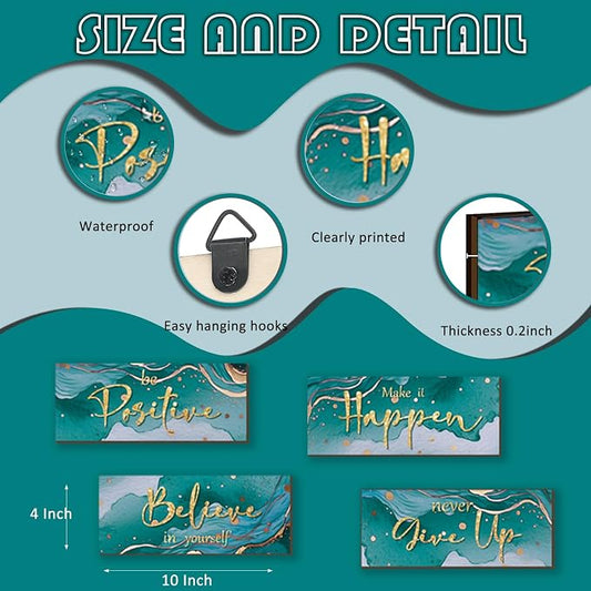 FENCORDAR 4 Piece Teal and Gold Wall Decor Set Motivational Wall Decor Inspirational Wooden Signs for Bedroom Bathroom Women’s Office Abstract Elegant Art for Home or Office Decoration 10X4 Inches