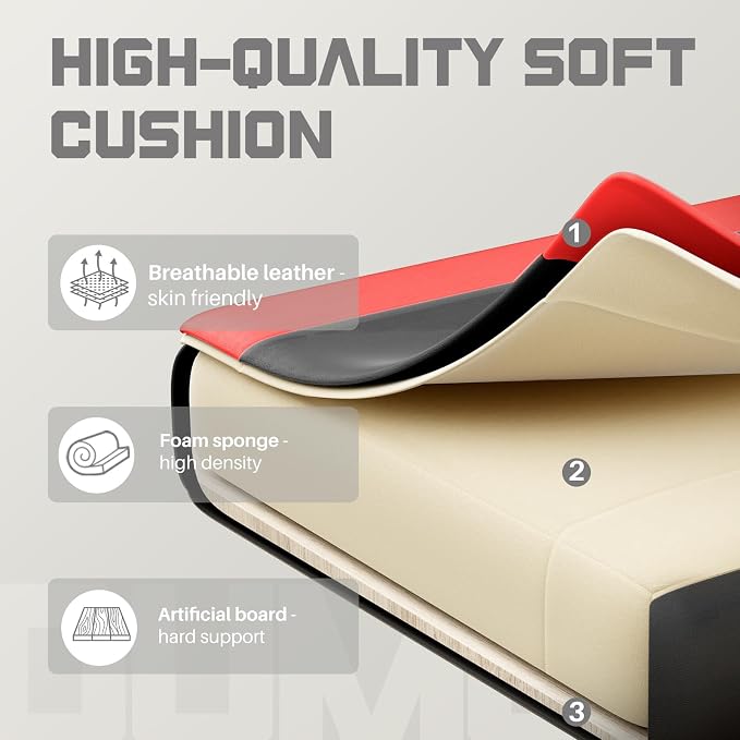 DUMOS Ergonomic Gaming Office Desk Chair with Footrest and Headrest for Adults, PU Leather Video Computer Chair with Linkage Armrests, Height Adjustable 360ยฐ Swivel Recling, Black Red