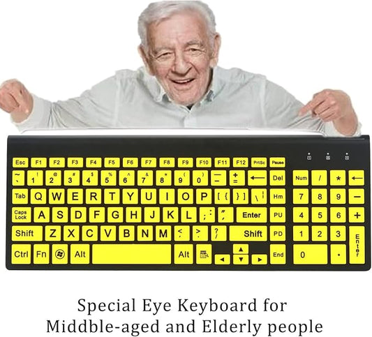 Full Size Large Print 2.4g Wireless Keyboard and Mouse with Oversized Print for Visually Impaired Low Vision Individuals (Yellow)