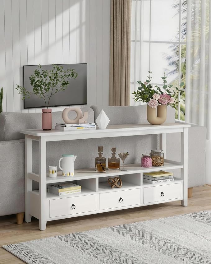 Karl home Console Table with 3 Bottom Drawers, 57.9" W Sofa Side Table Entryway Desk with 3 Storage Cubbies 1 Open Shelf, Vintage TV Stand for Hallway Living Room Office, White 29.9" H