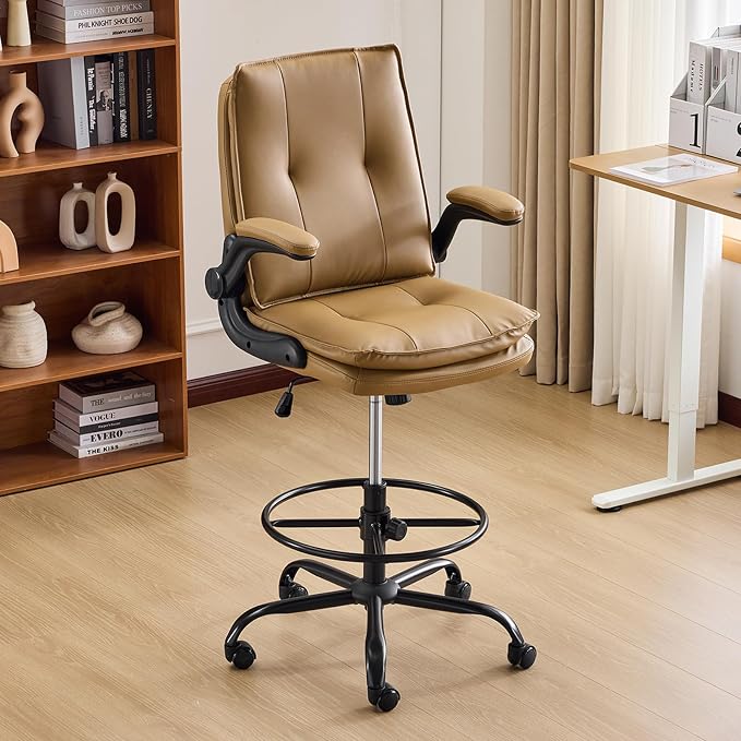 Karl home Tall Drafting Chair, Faux Leather Khaki | 330Lbs Capacity, Tall Office Chair for Standing Desk, Adjustable Height with Foot Ring, Flip-Up Armrests, PU Executive Chair