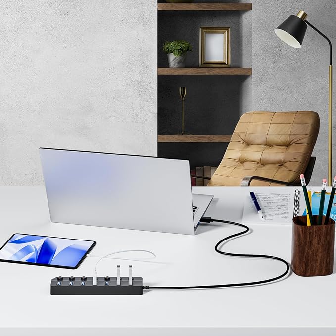 ONFINIO USB Hub 3.0, 7-Port USB Hub Splitter with Individual On/Off Switches and Lights, 3.2ft/1m Long Cable Compatible with MacBook, Laptop, Surface Pro, PS4, PC, Flash Drive, Mobile HDD-Gray