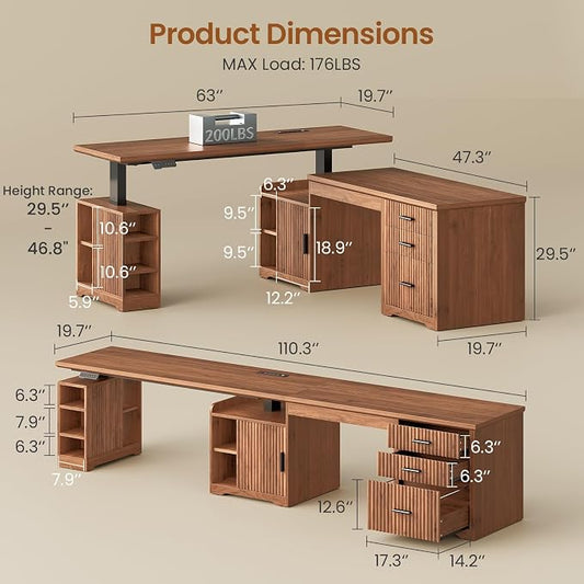 SEDETA Fluted L Shaped Electric Standing Desk, 63" x 67" Height Adjustable Home Office Executive Desk with Drawers and Shelves, Two Person Desk with Power Outlet for Home Office, Brown