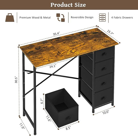 Small Computer Desk with 4 Fabric Drawers, 36 Inch Reversible Writing Desk for Home Office Bedroom, Modern Simple Kids Student Study Desk with Storage, Compact Desk for Small Spaces, Rustic Brown