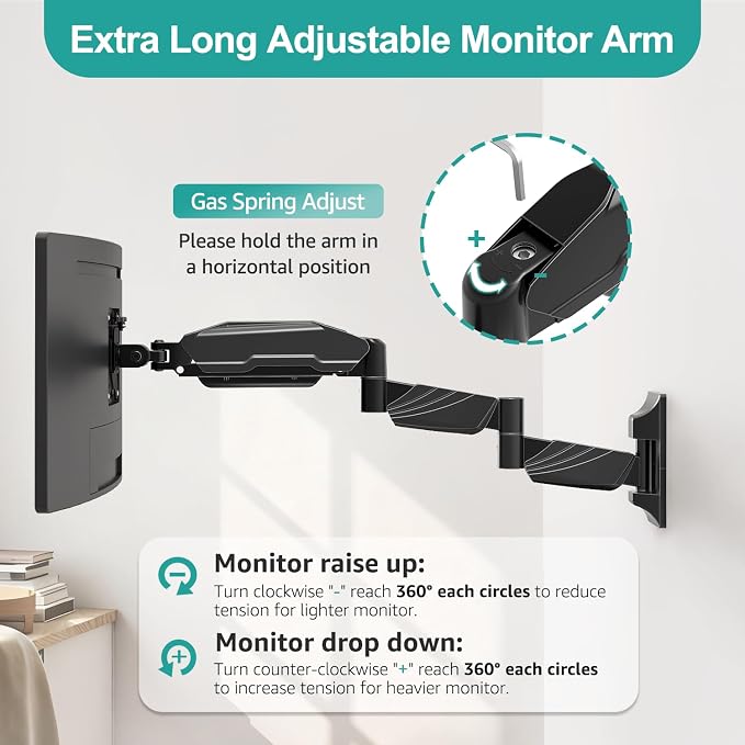 MOUNT PRO Monitor Wall Mount for 13 to 32 inch Computer Screen, Extra Long Adjustable Single Wall Mount Monitor Arm, Full Motion Vesa Wall Bracket 100x100, Hold up to 17.6lbs, Black