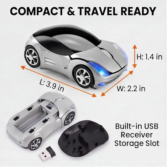 Silver Wireless Car Mouse, 2.4G with USB Receiver, 1600DPI Optical, Ergonomic Mini Computer Mouse, for Laptop, PC, Tablet, Windows, Mac OS