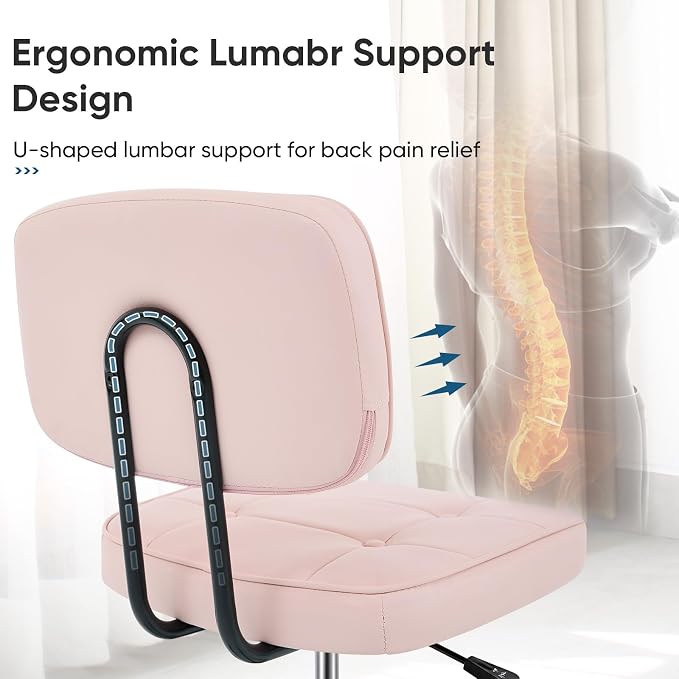 DUMOS Home Office Desk Chair - Ergonomic Armless PU Leather Computer Rolling Task Chair,with Comfy Lumbar Support and Height Adjustable, Vanity, Bedroom, Living Room, Pink