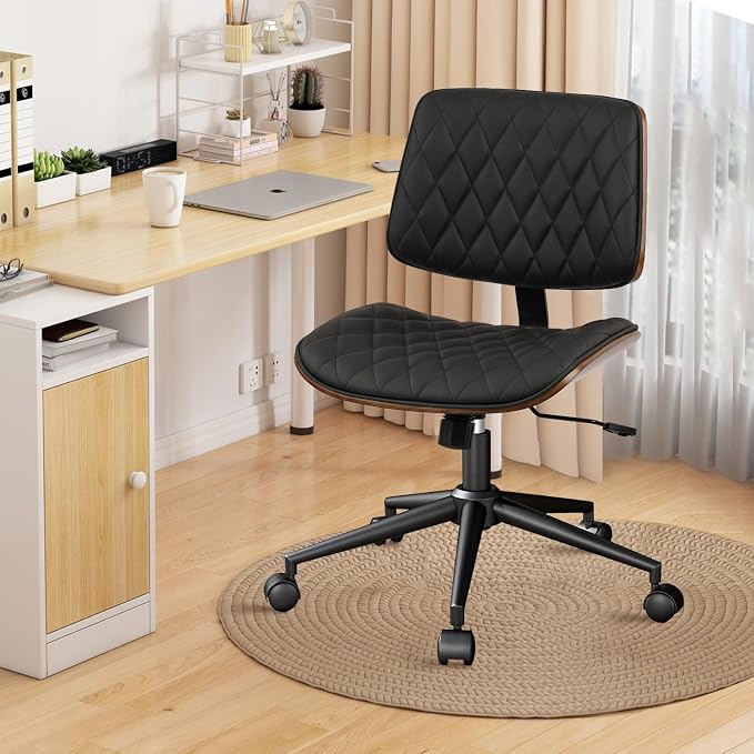 CLATINA Home Office Desk Chair with Wheels, Adjustable Height Armless Office Chair, PU Leather Mid Back 360 Swivel Computer Chair, Modern Walnut Chair for Home, Meeting, Reading Room,Black(2 pk)