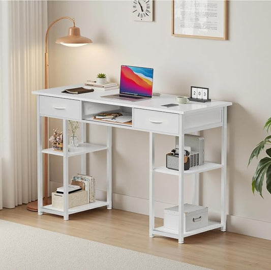 OLIXIS Desk with Storage Fabric Drawers-48 Inch Home Office Computer Desk for Small Space Bedroom,Modern Study Work Gaming Writing Table PC Desks, White
