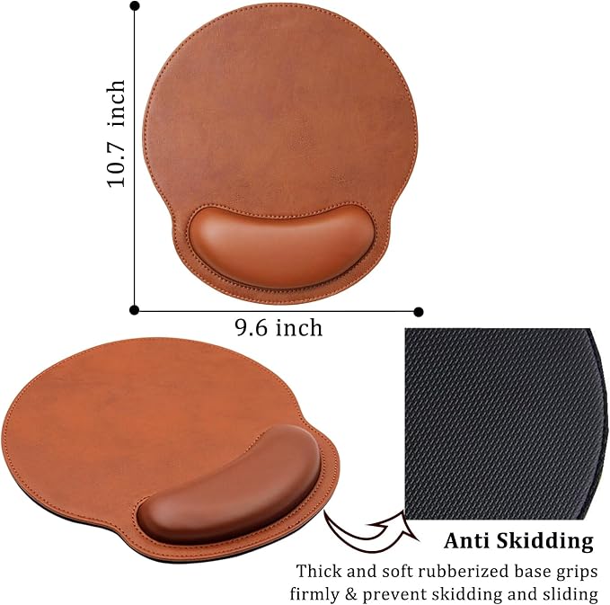 Personalized Leather Custom Mouse Pad with Wrist Rest,Customized Mouse Pads for Desk,Perfect Gift for Weddings, Anniversaries, Birthdays,and Special Occasions (C (Brown-Round with Wrist Rest))