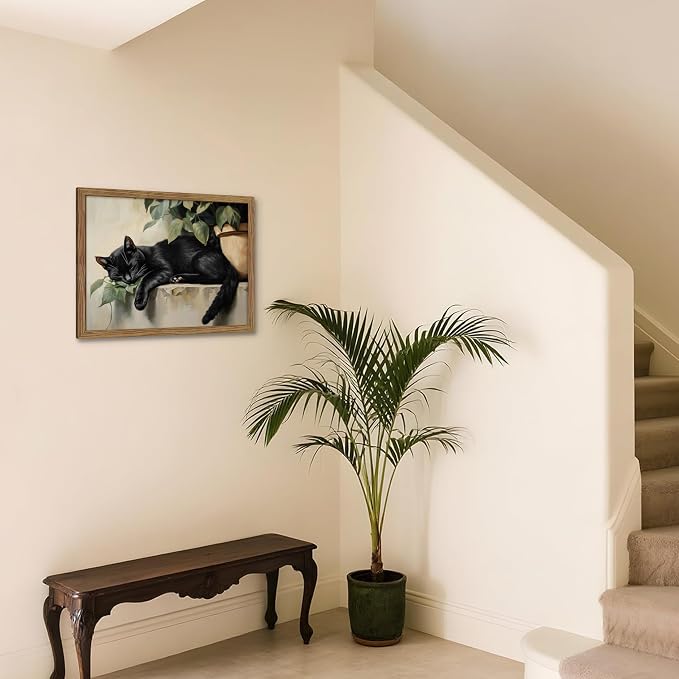 Framed Black Cat Wall Art, Vintage Sleeping Cat Picture Wall Decor, Cute Animal Poster Canvas Prints, Rustic Plant Paintings Artwork for Living room Bedroom Bathroom Decor – 12x16 inch