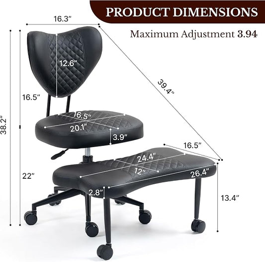 Cross Legged Office Chair with Wheels, 360 Swivel Height-Adjustable Meditation Chair with Lumbar Support, PU Leather, Black