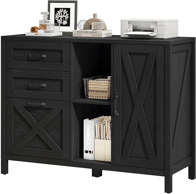 Vabches Lateral File Cabinet, Farmhouse 3 Drawer File Cabinet with Open Storage Shelf for Letter/Legal/A4 Size Hanging Files, Large Wood Storage Cabinets Printer Stand for Home Office, Black