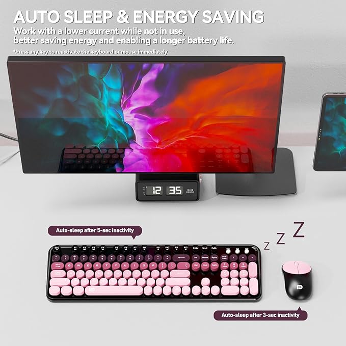 Wireless Keyboard and Mouse Combo, Cute Colorful Keyboard and Mouse, Full-Size Retro Typewriter Keyboard with 2.4GHz Plug & Play, for Windows 11/10/7, Laptop, PC -BlackBerry