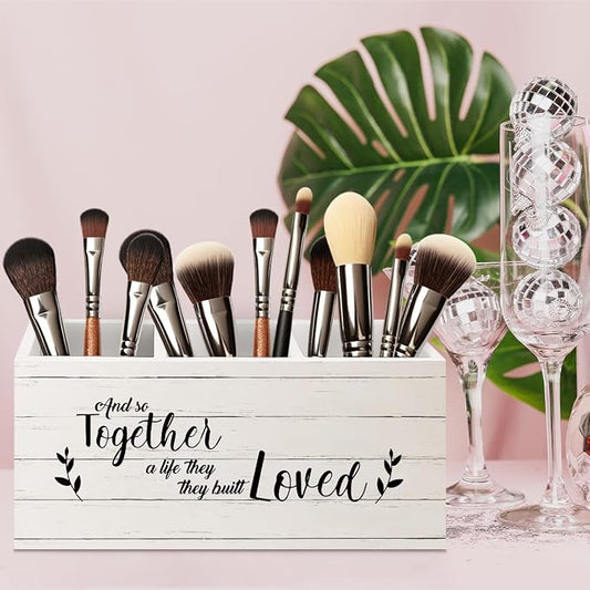 and So Together They Built a Life They Loved Makeup Brush Toothbrush Holder Organizer, Anniversary Wedding Couples Gifts Wooden Pen Pencil Holder for Home Office Desk Accessories