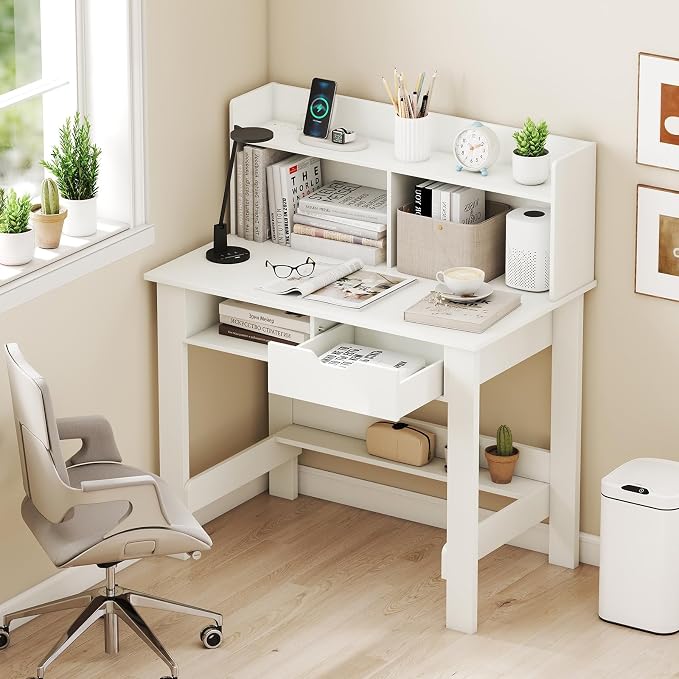 Giantex White Computer Desk with Hutch, Home Office Desk with Power Outlets, USB Ports, Type-C, Storage Shelf & Drawer, Modern Laptop PC Table Computer Workstation, Study Writing Desk for Bedroom