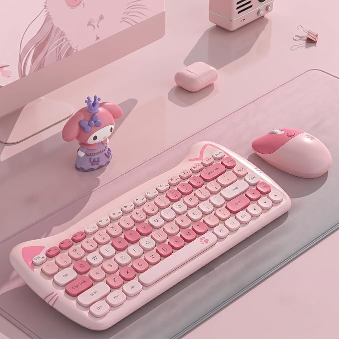 Cute Cat 2.4G USB Wireless Keyboard and Mouse Combo, Silent Keys, Candy Colors, Compatible with Notebook, PC (Pink-84Keys)