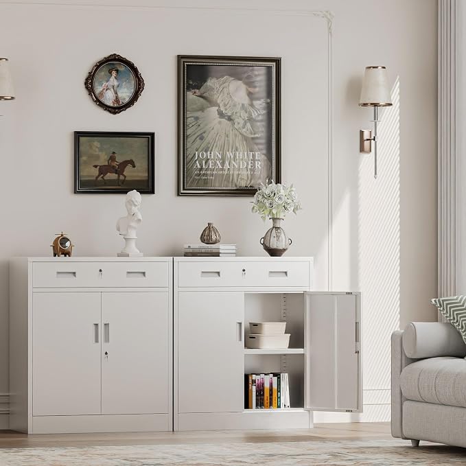 Metal Storage Cabinets with Drawer, 36" H Lockable Storage Cabinet with Doors and Adjustable Shelves, Small White Steel File Cabinet for Home, Office, Warehouse, School, Assembly Required