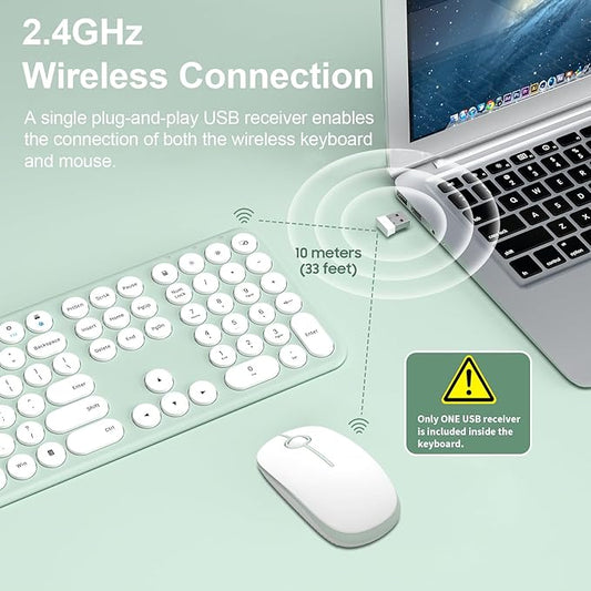 2.4GHz Full Size XTREMTEC Wireless Keyboard and Mouse Combo,Ultra Slim Silent Cute Aesthetic Retro Round Keycap,Cordless Quiet Green Keyboard and Mouse Wireless for Windows,Mac OS (Macaron Green)
