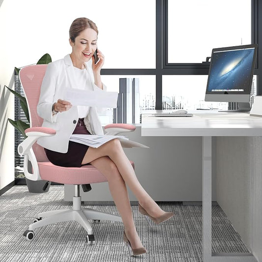 naspaluro Ergonomic Office Chair, Computer Chair with Adjustable Height, Flip-Up Arms and Lumbar Support, Breathable Mesh Desk Chair for Home Study Working (Without Headrest, Pink)